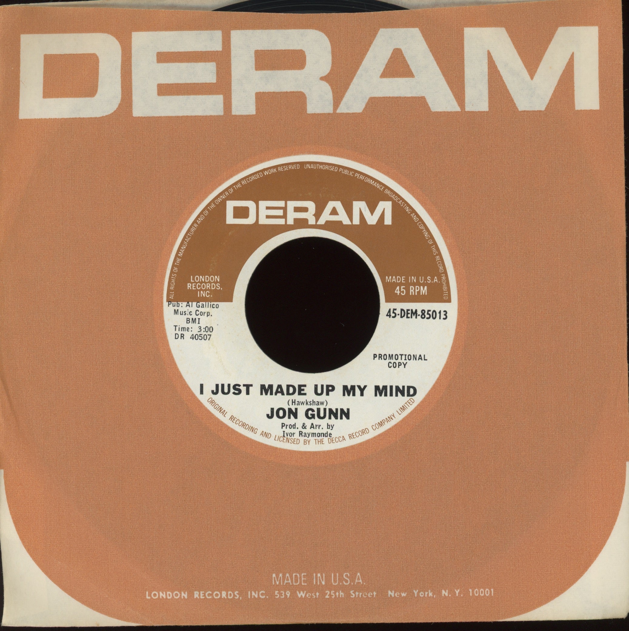 John Gunn - I Just Made Up My Mind on Deram Promo Northern Soul 45