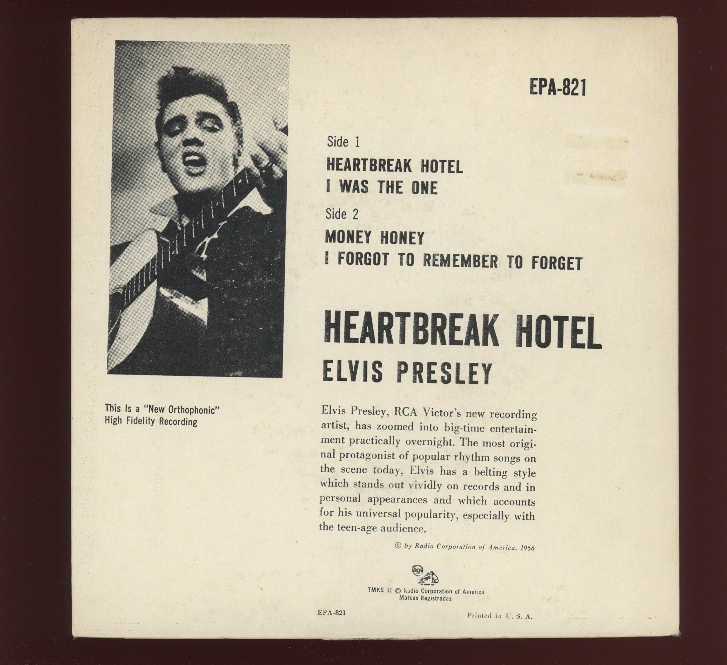 Elvis Presley - Heartbreak Hotel on RCA EPA 821 Rare Orange Label EP 4