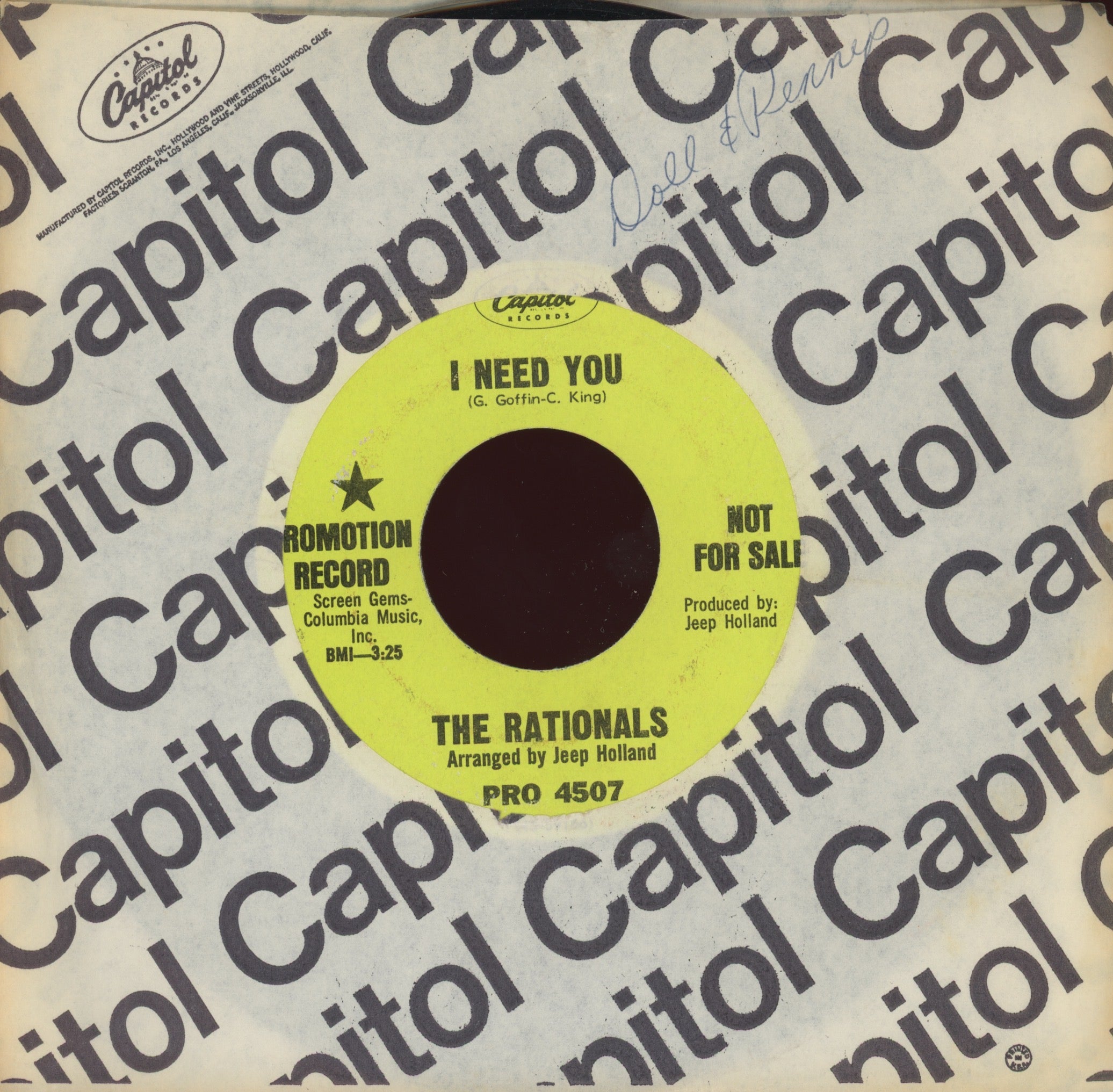 The Rationals - I Need You on Capitol Promo Soul 45