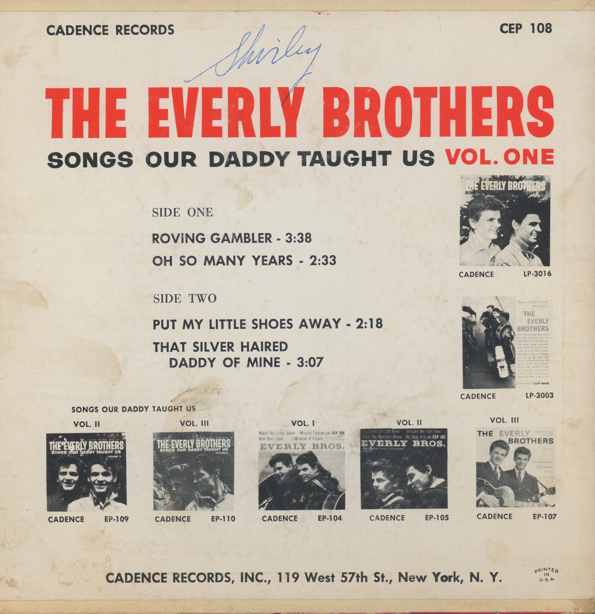 Everly Brothers - Songs Our Daddy Taught Us Vol. 1 on Cadence CEP 108 45 EP With Picture Cover