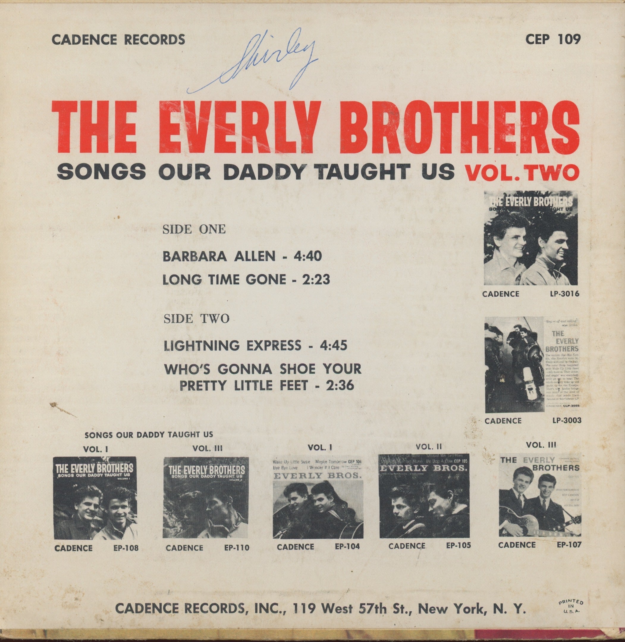 Everly Brothers - Songs Our Daddy Taught Us: Vol. II on Cadence CEP 109 EP 45 With Picture Sleeve