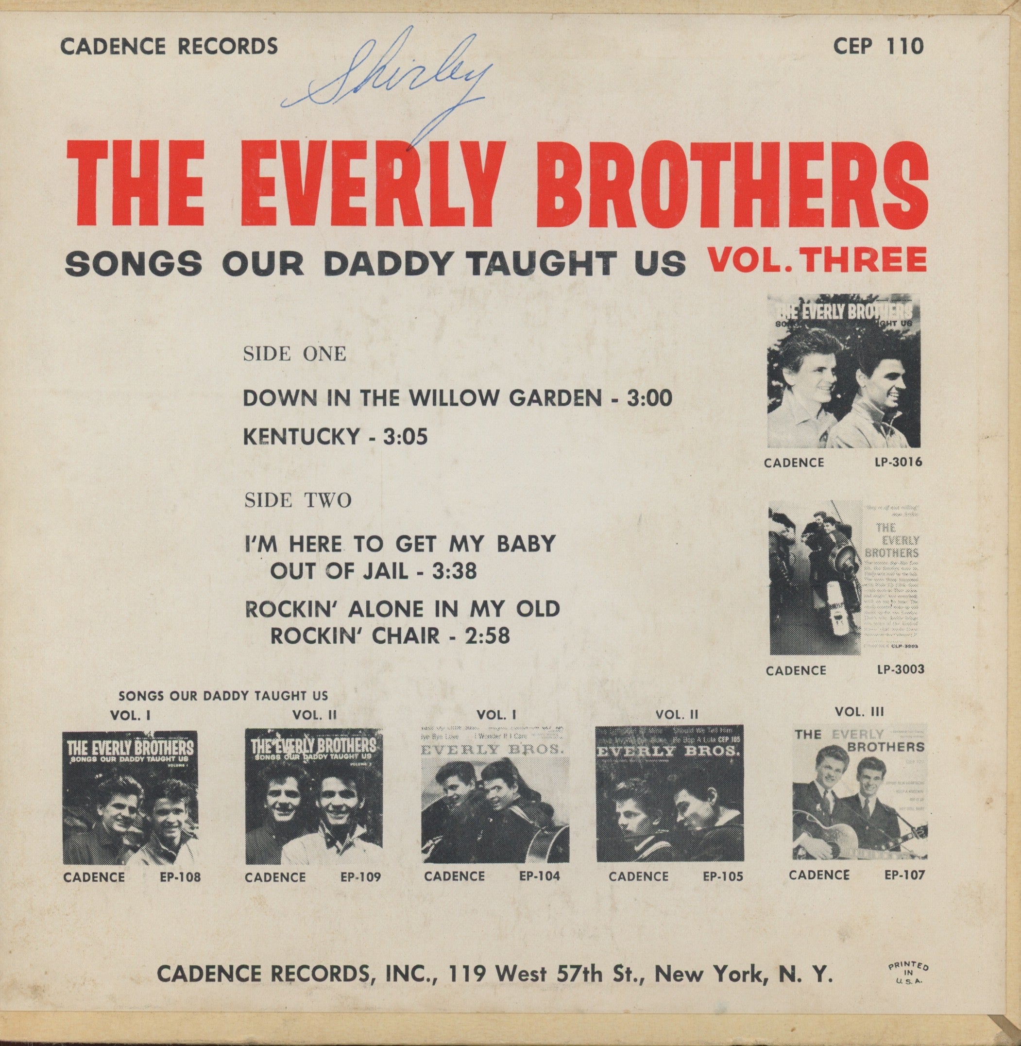 Everly Brothers - Songs Our Daddy Taught Us Volume 3 on Cadence CEP 110 45 EP With Picture Cover