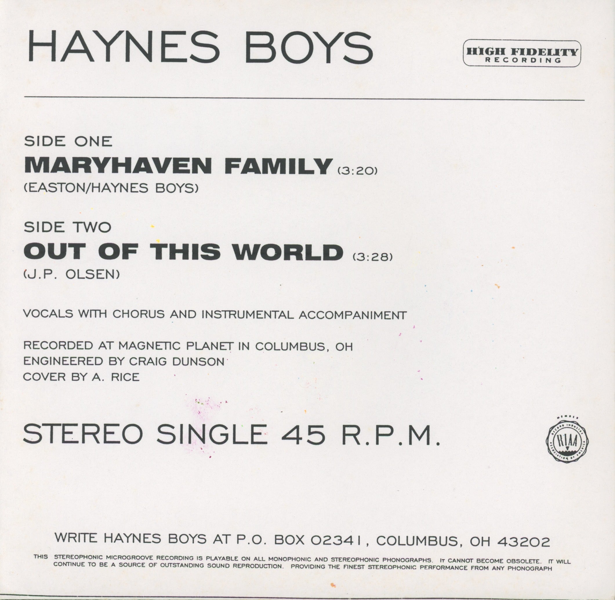 Haynes Boys - Maryhaven Family on Whatever 7" With Picture Sleeve