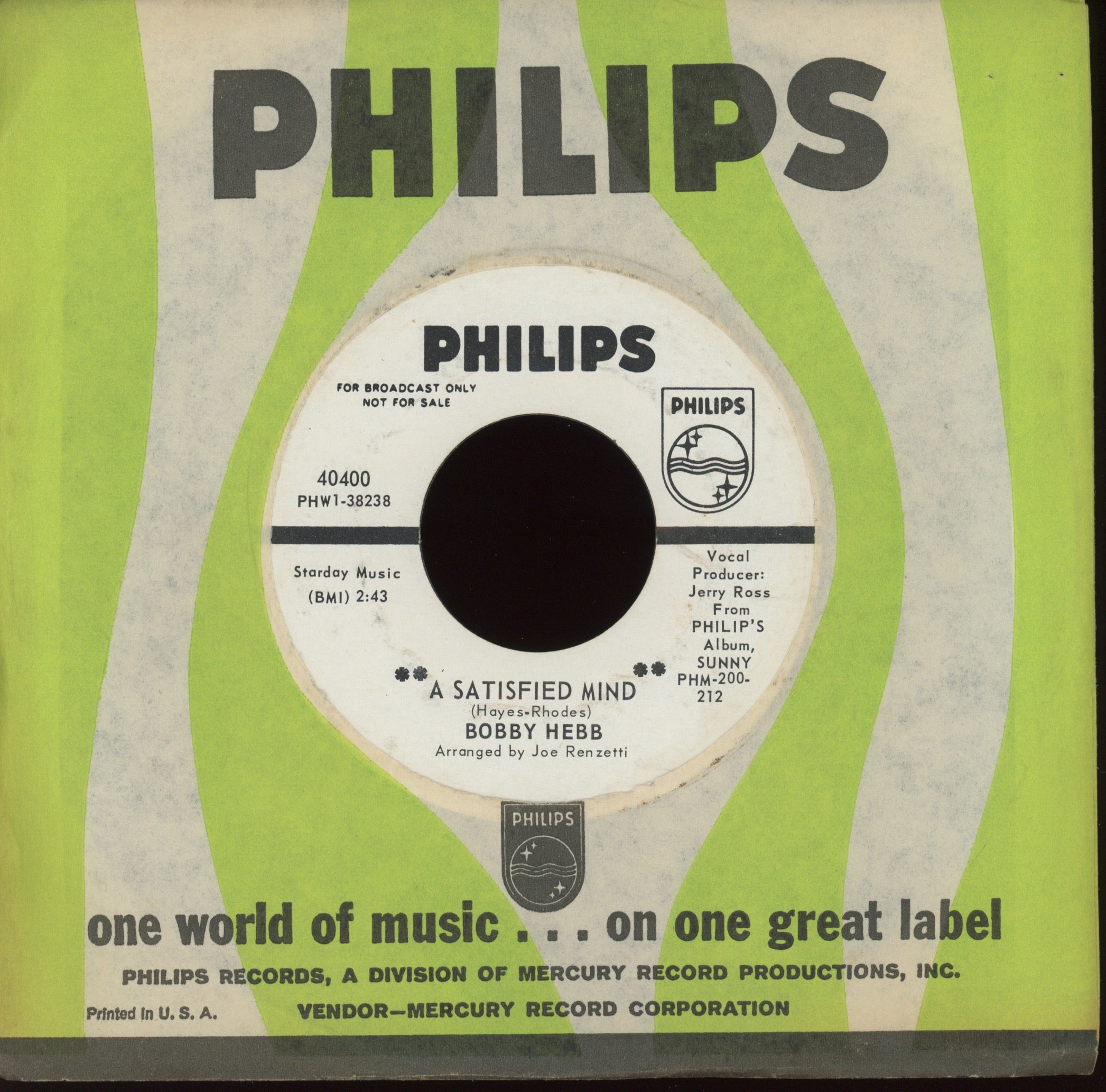 Bobby Hebb - Love, Love, Love on Philips Promo Northern Soul 45