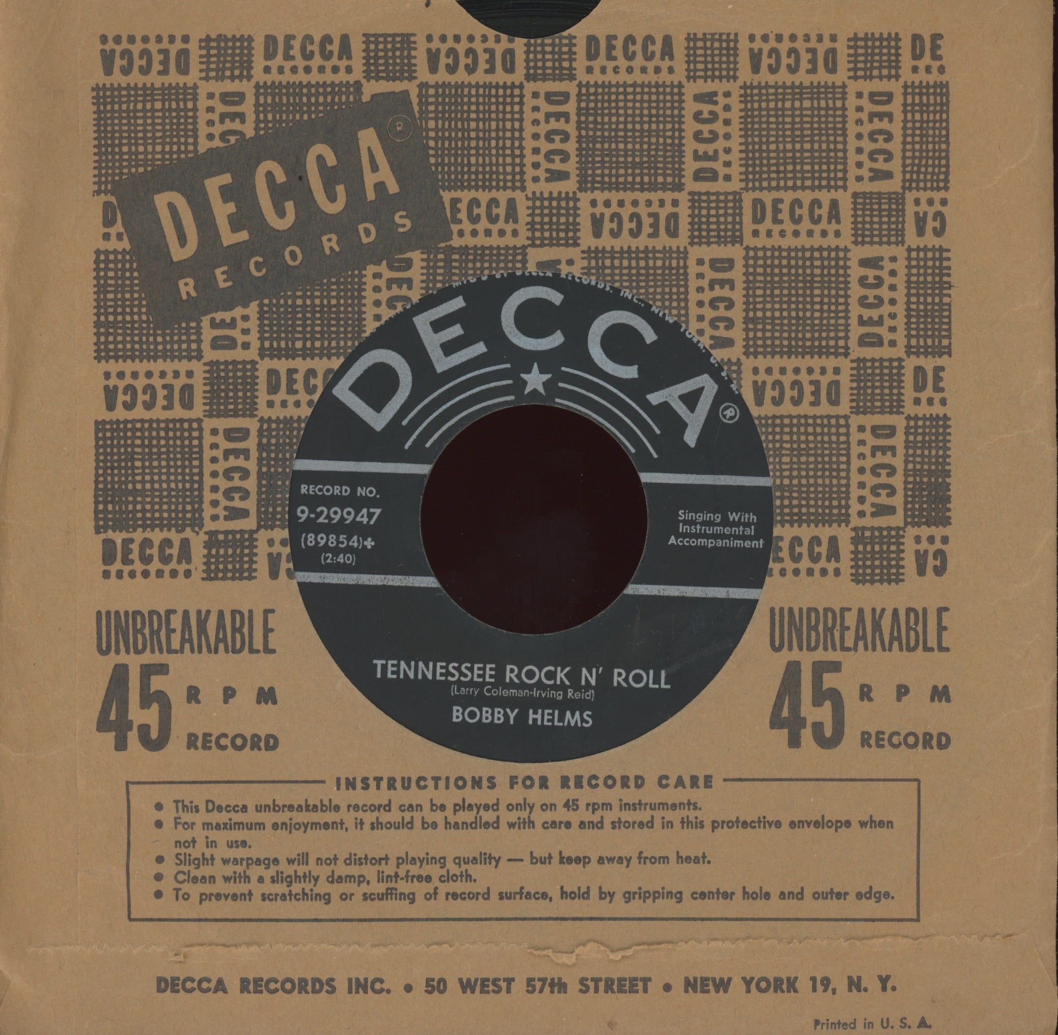 Bobby Helms - Tennessee Rock N' Roll on Decca Rockabilly 45