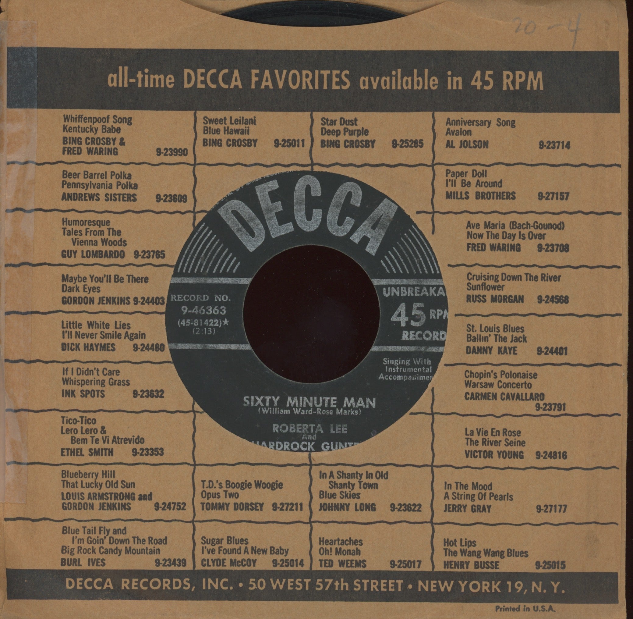 Hardrock Gunter With Roberta Lee - Sixty Minute Man on Decca Country Bop 45