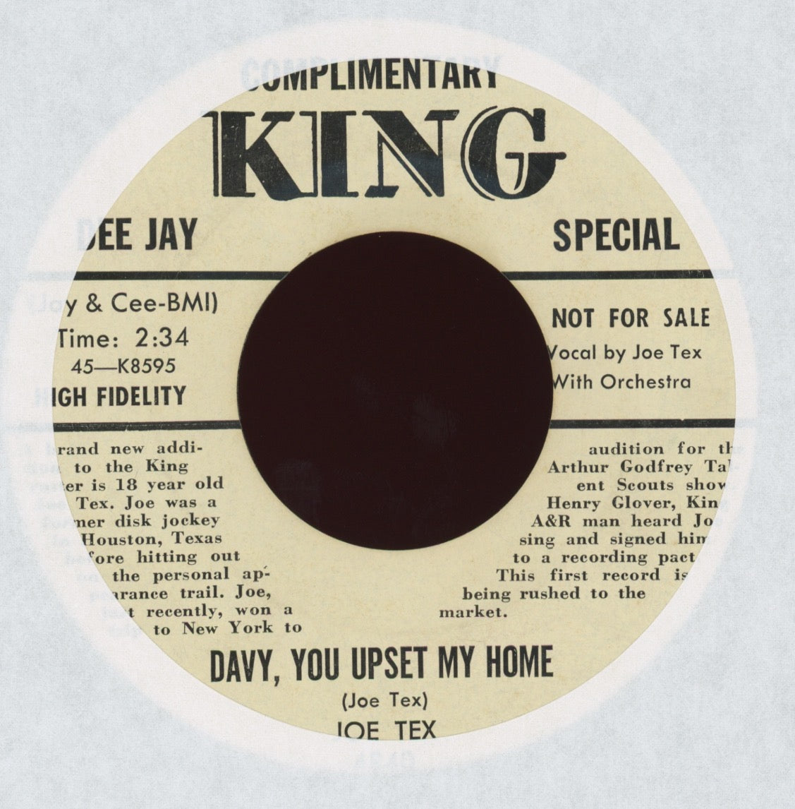 Joe Tex - Davy, You Upset My Home on King Bio Promo R&B Rocker 45