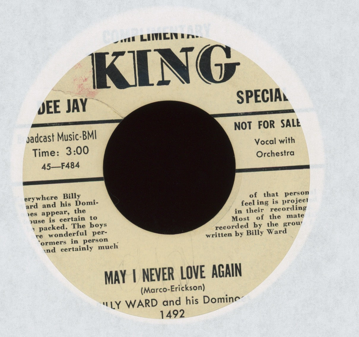 Billy Ward And His Dominoes - Learnin' The Blues / May I Never Love Again on King Promo R&B Doo Wop 45