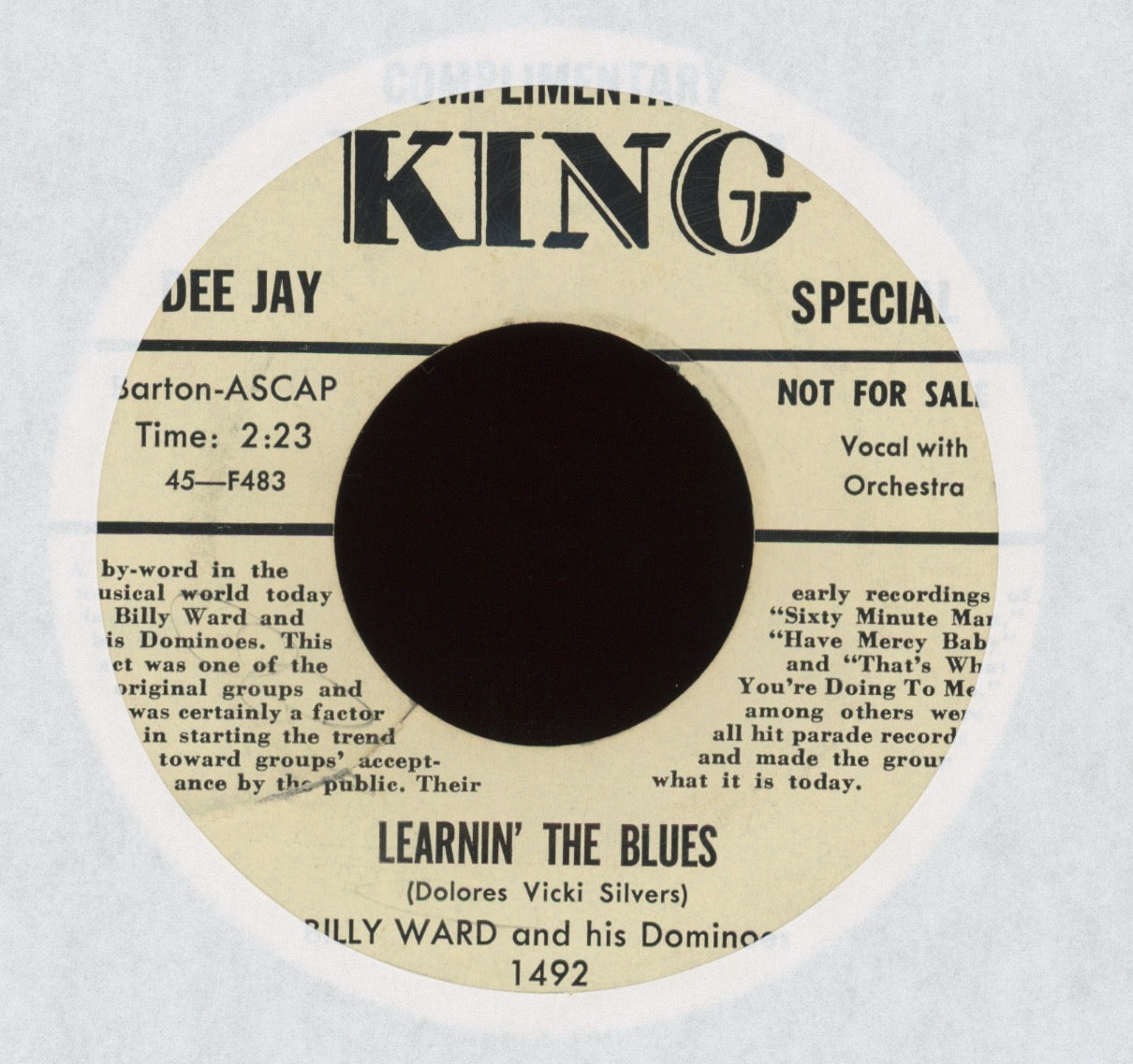 Billy Ward And His Dominoes - Learnin' The Blues / May I Never Love Again on King Promo R&B Doo Wop 45