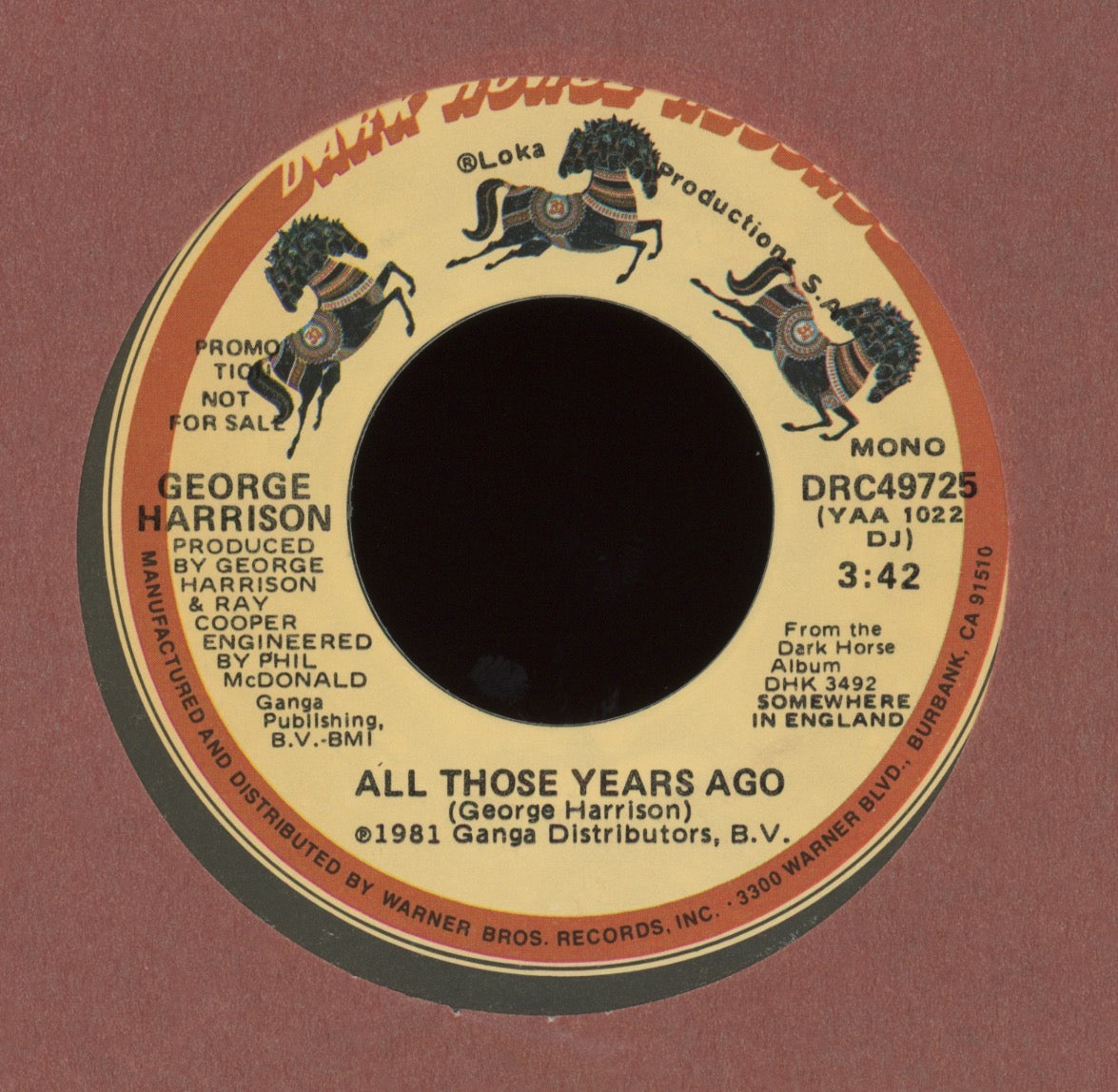 George Harrison - All Those Years Ago on Dark Horse Rock 45