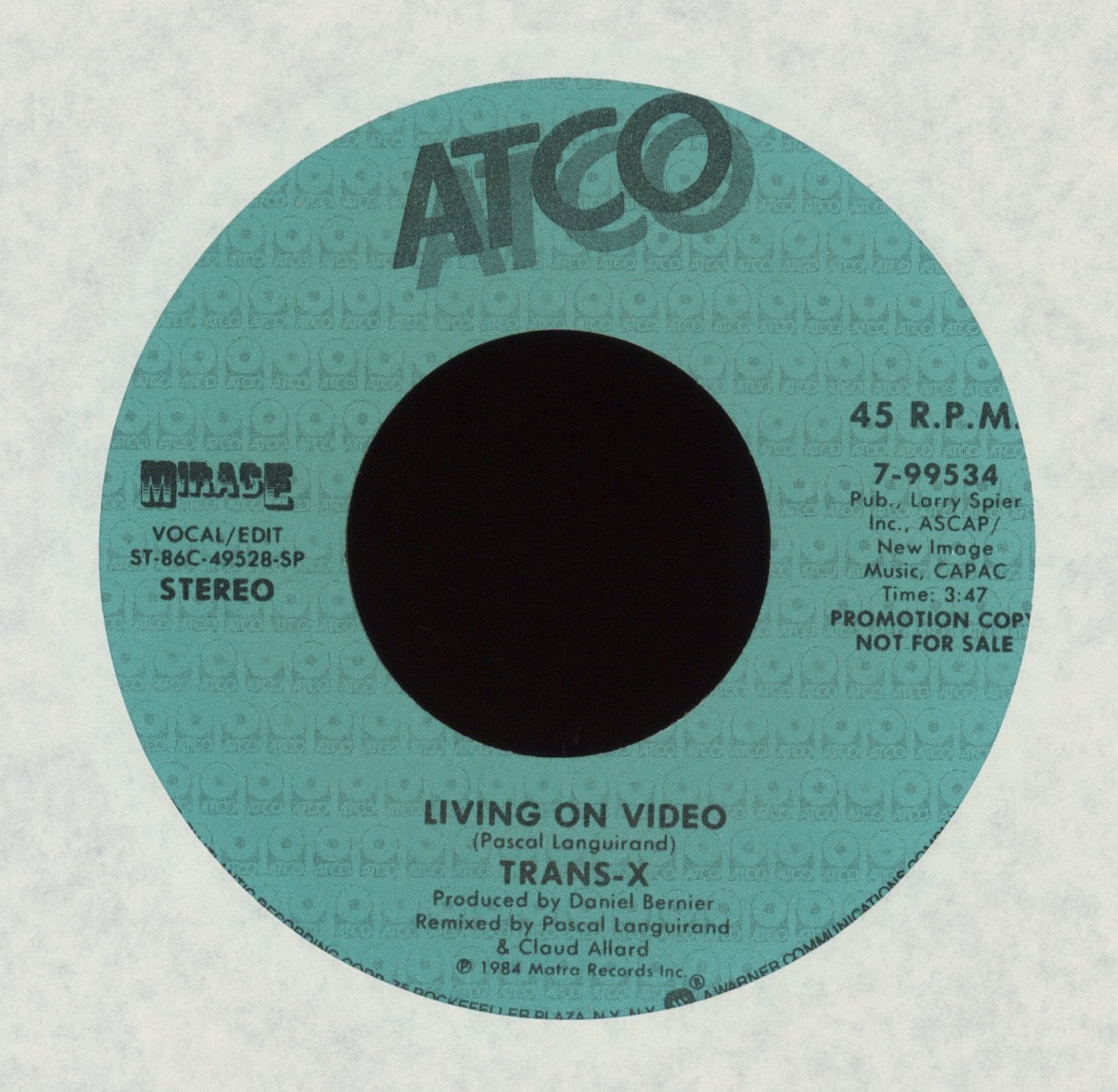 Trans-X - Living On Video on Atco Promo 45