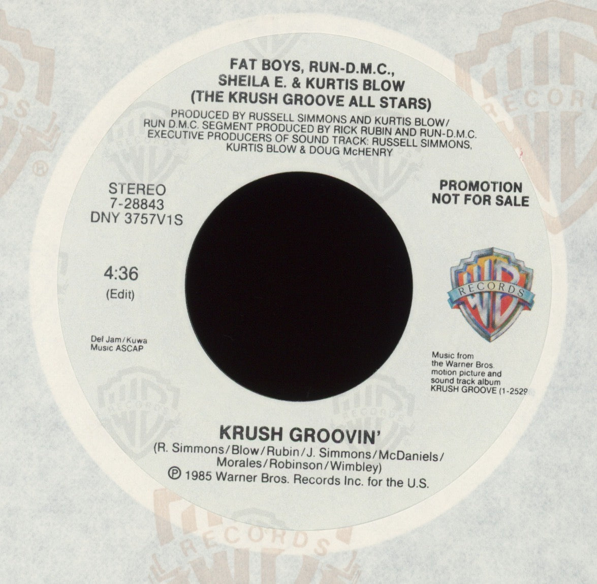 Krush Groove All Stars - Krush Groovin' on Warner Bros. Promo Hip Hop 45