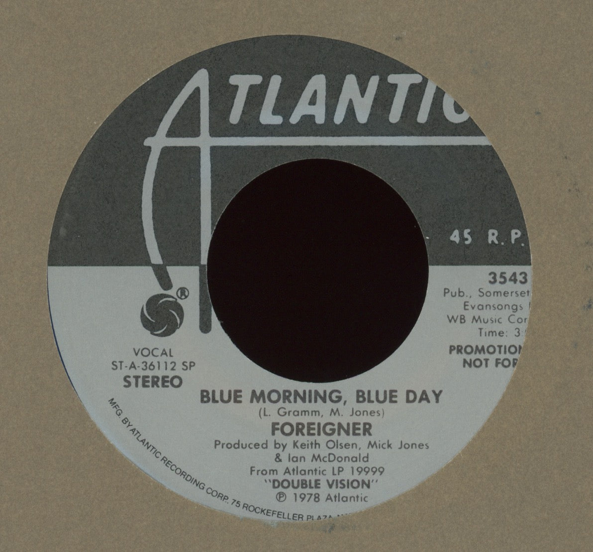 Foreigner - Blue Morning, Blue Day on Atlantic Promo Blue Vinyl Rock 45