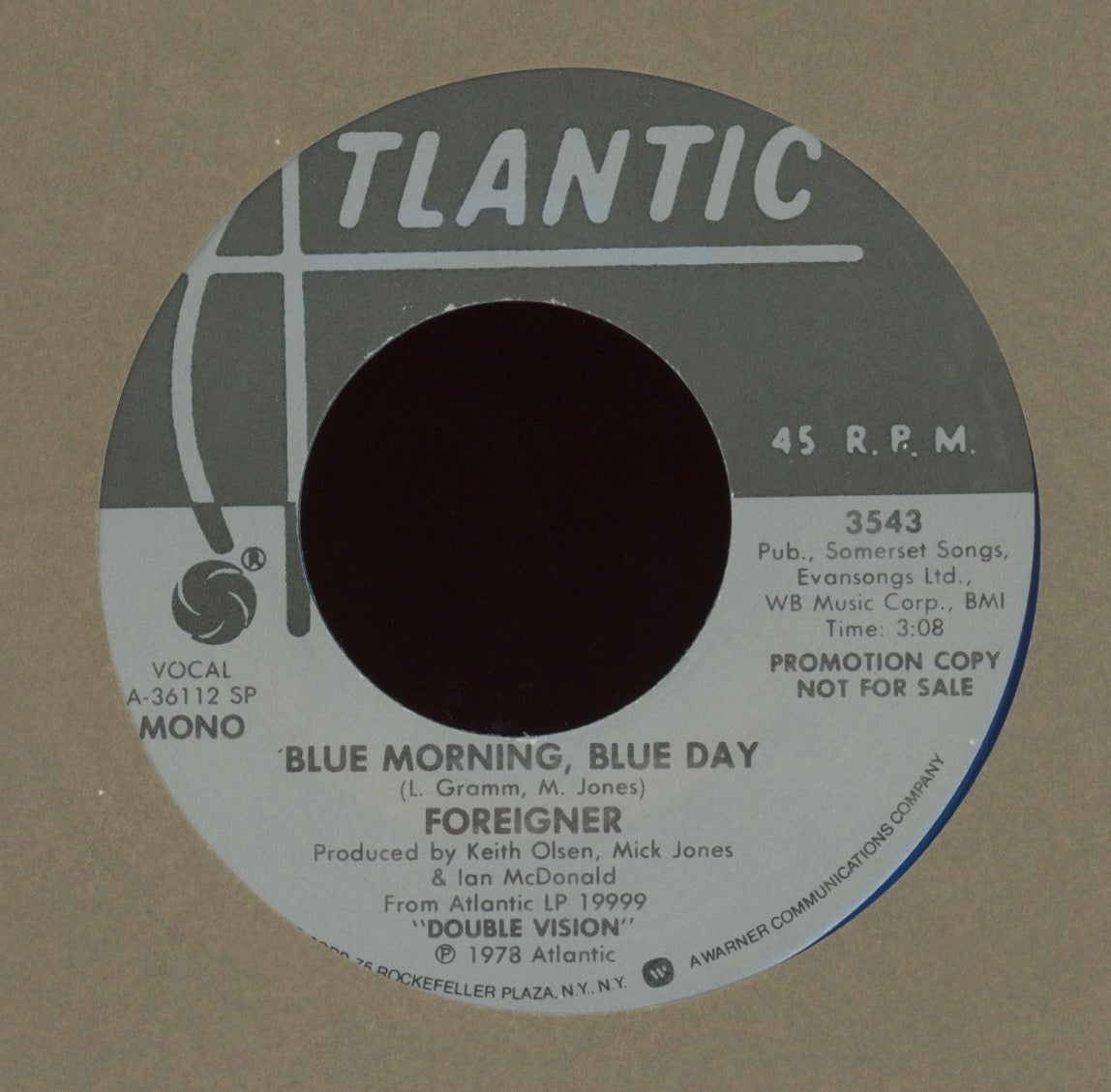 Foreigner - Blue Morning, Blue Day on Atlantic Promo Blue Vinyl Rock 45