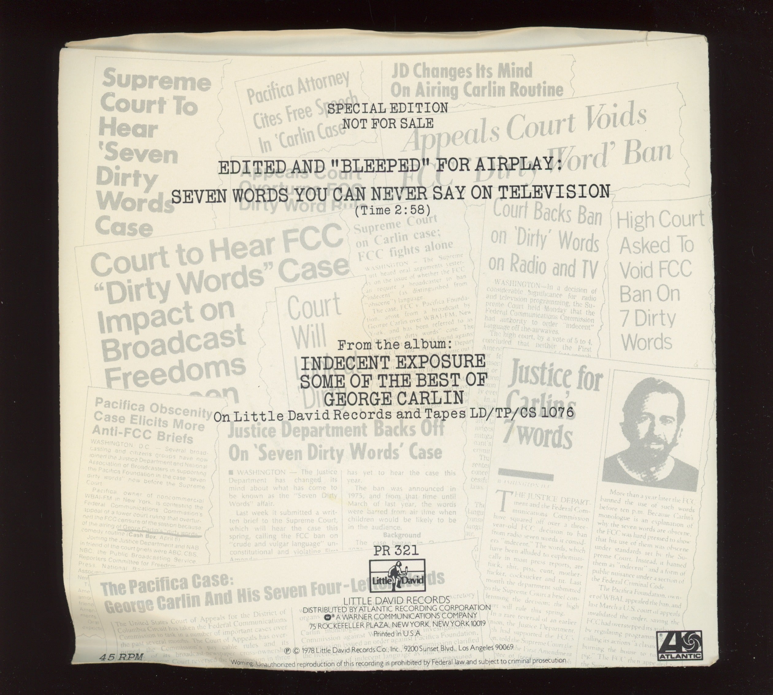 George Carlin - Indecent Exposure: Some Of The Best Of George Carlin on Little David Records Promo Comedy 45