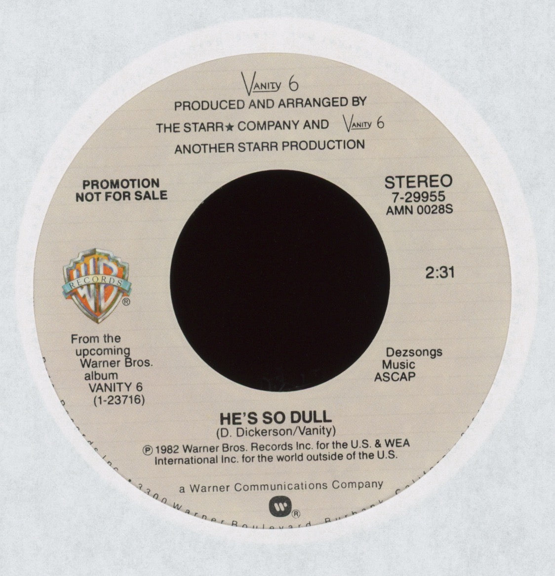 Vanity 6 - He's So Dull on Warner Bros. Promo 45