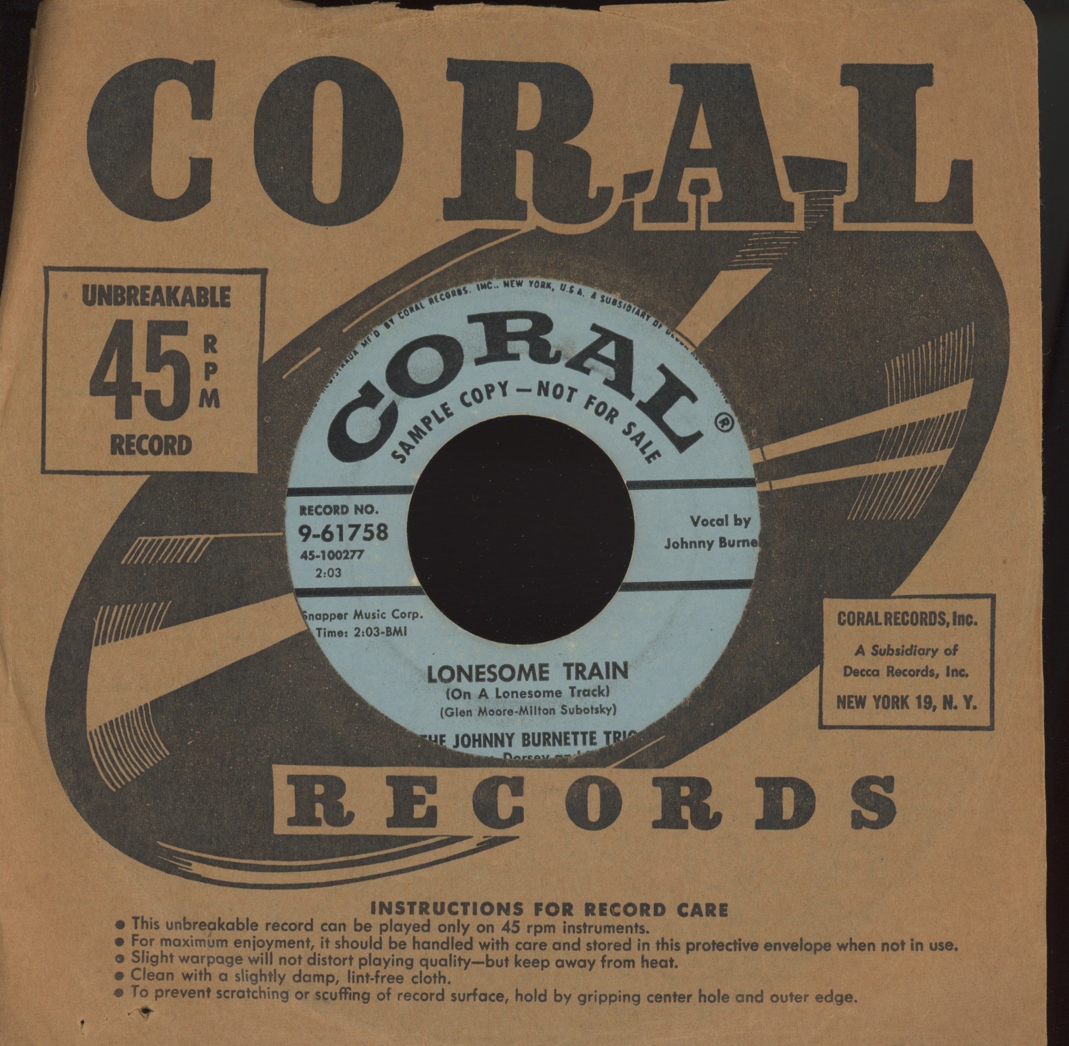 Johnny Burnette - Lonesome Train on Coral Promo Rockabilly 45