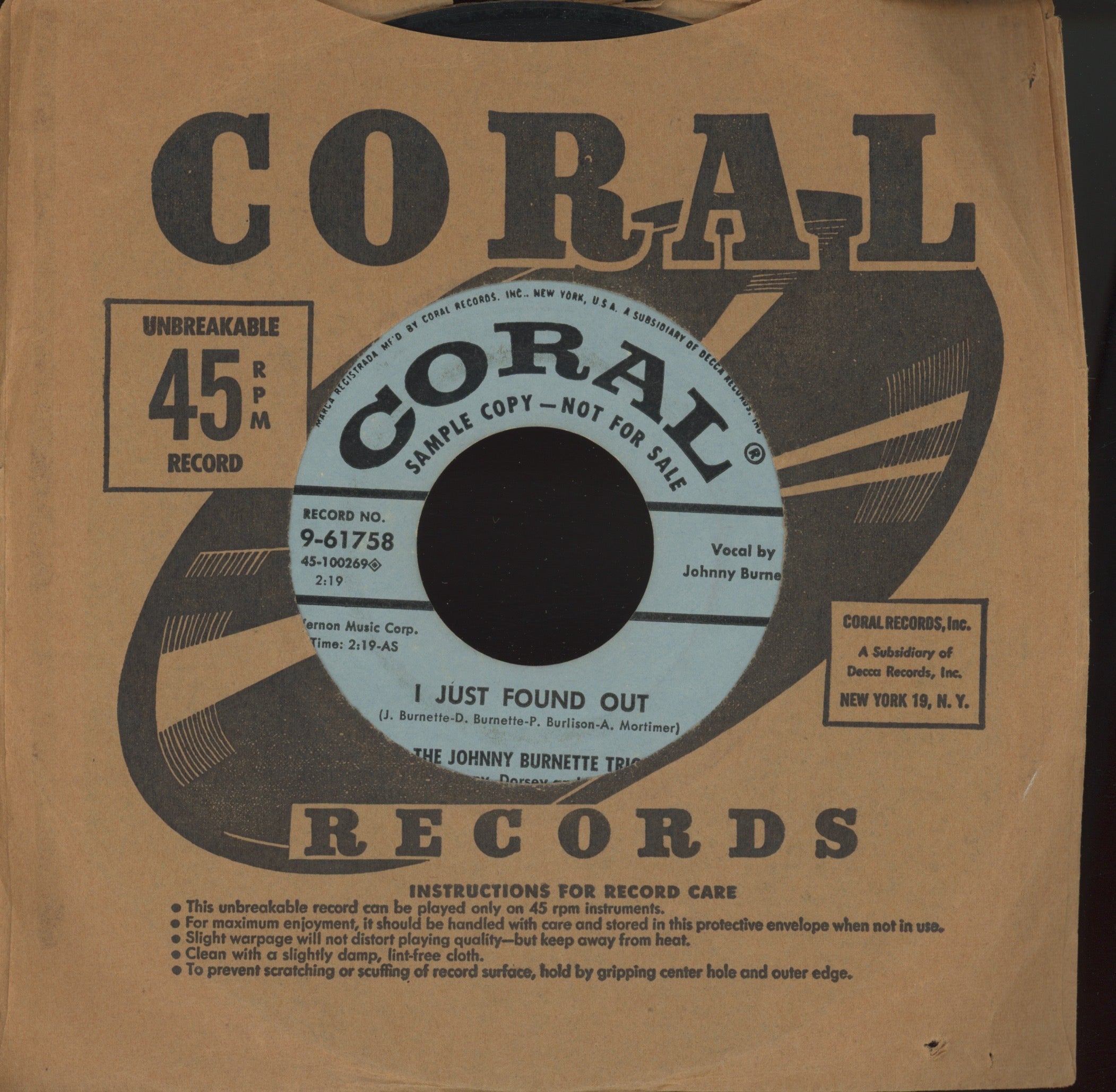 Johnny Burnette - Lonesome Train on Coral Promo Rockabilly 45