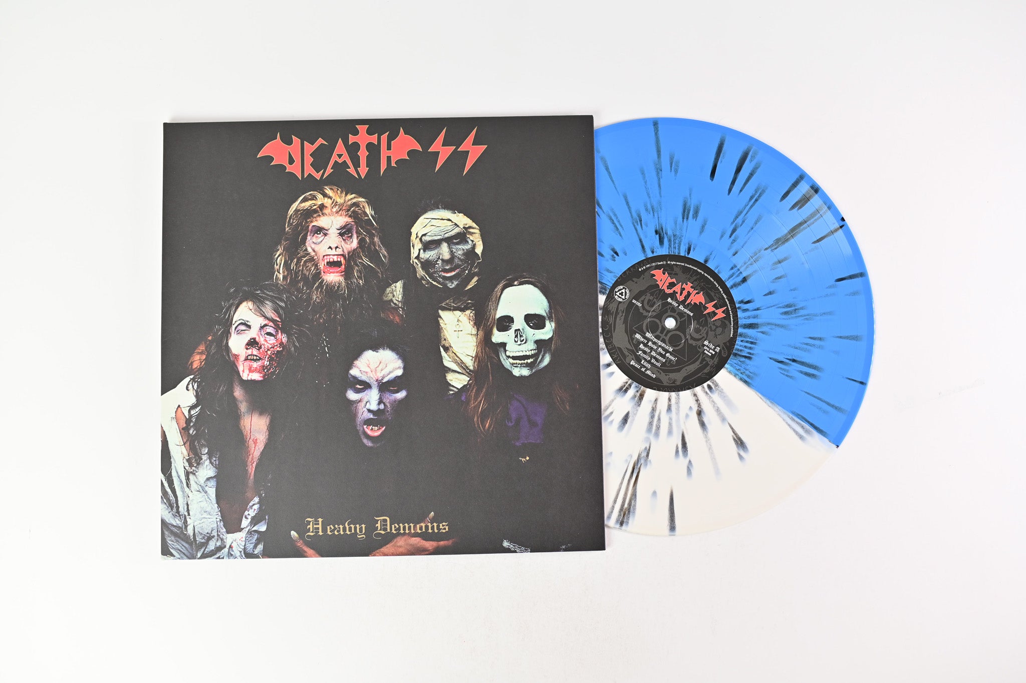 Death SS - Heavy Demons on Shadow Kingdom Blue & White With Black Splatter Reissue