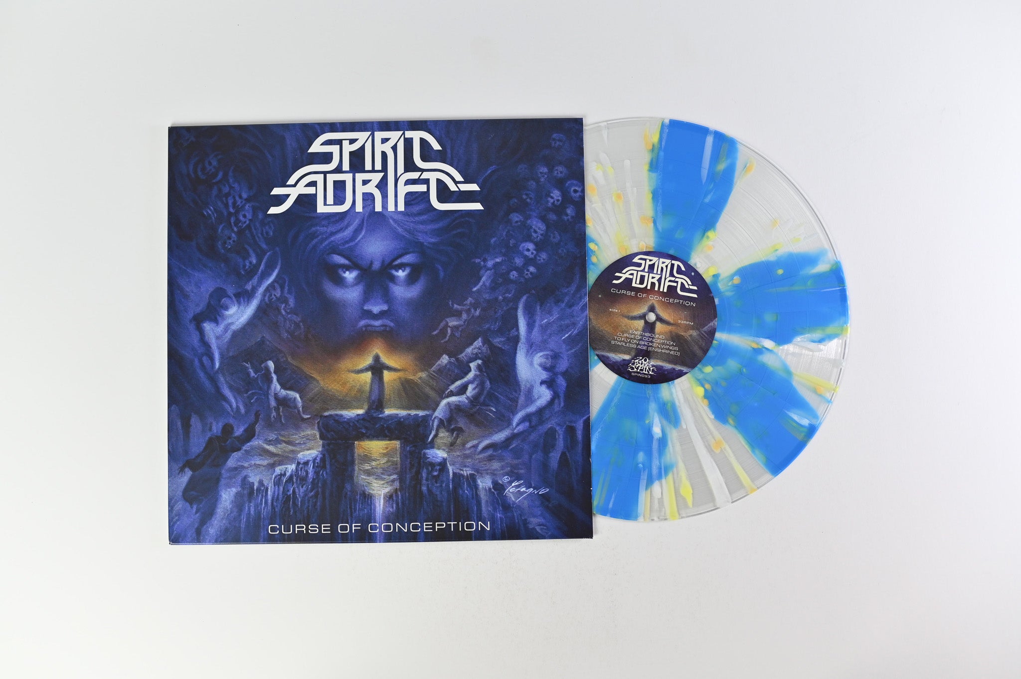 Spirit Adrift - Curse Of Conception on 20 Buck Spin Ultra Clear Cyan Pinwheel w/ White, Easter Yellow & Mustard Splatter