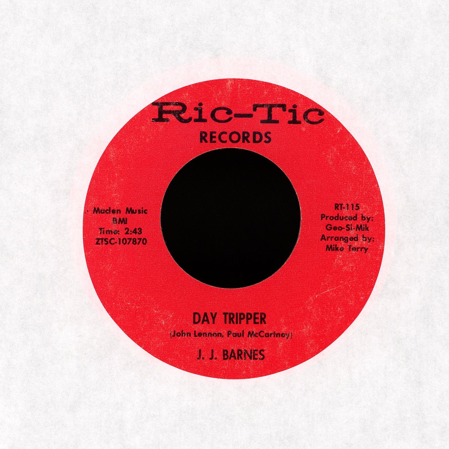 J. J. Barnes - Day Tripper / Don't Bring Me Bad News on Ric-Tic Records Soul 45