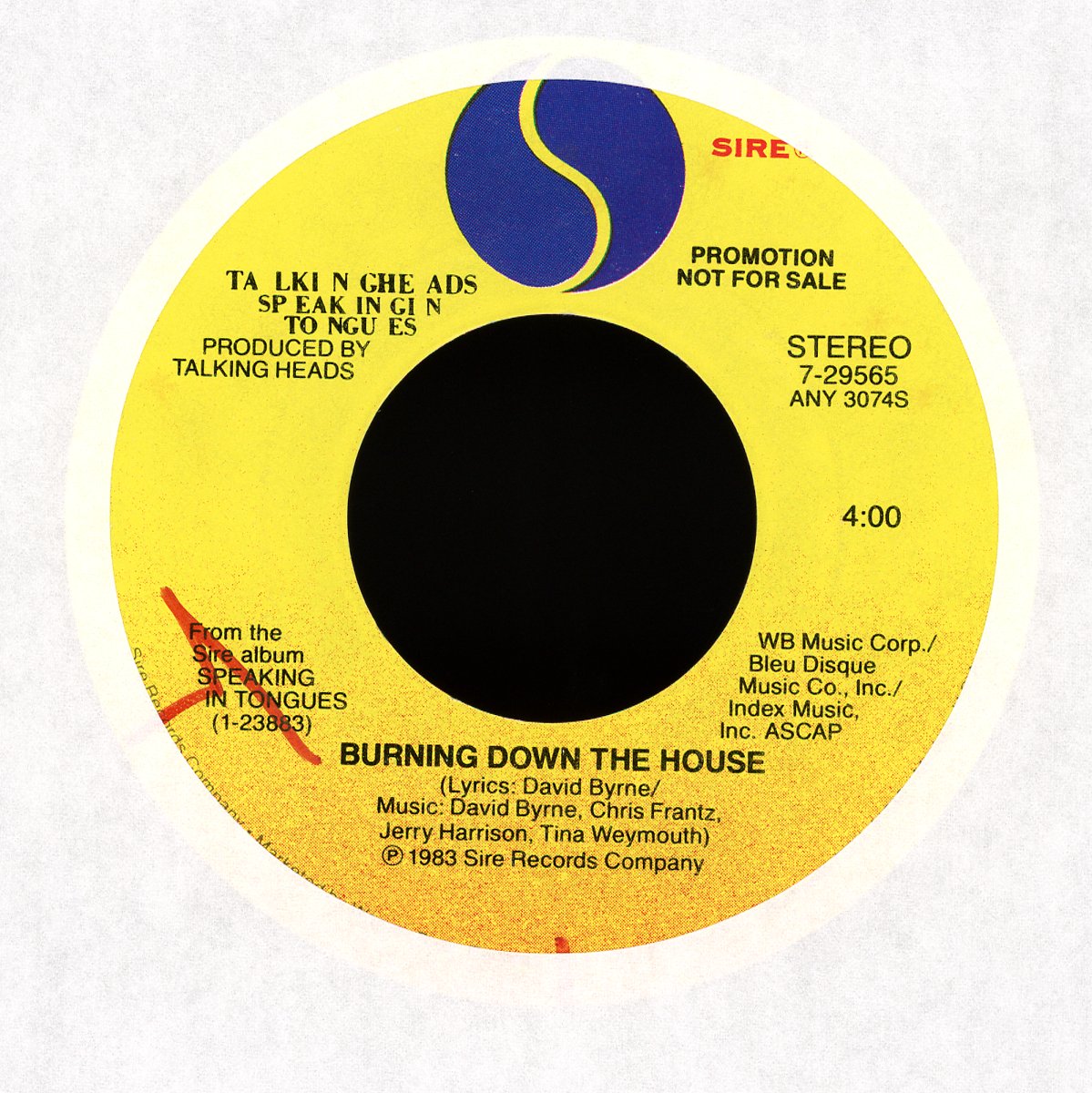 Talking Heads - Burning Down The House on Sire Promo Rock 45