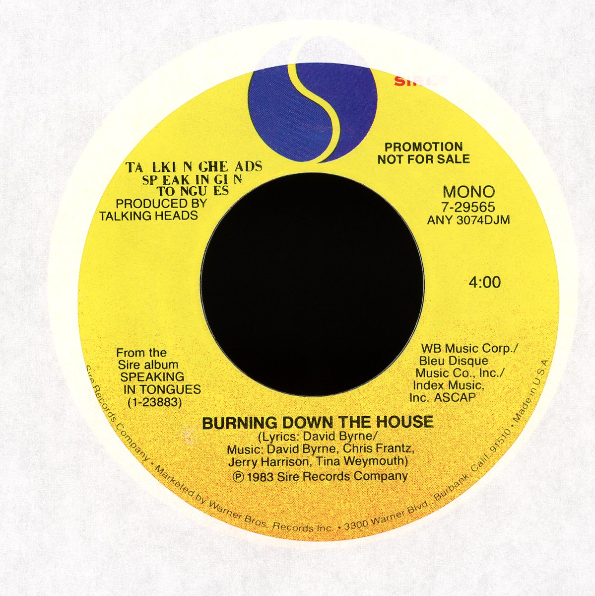 Talking Heads - Burning Down The House on Sire Promo Rock 45