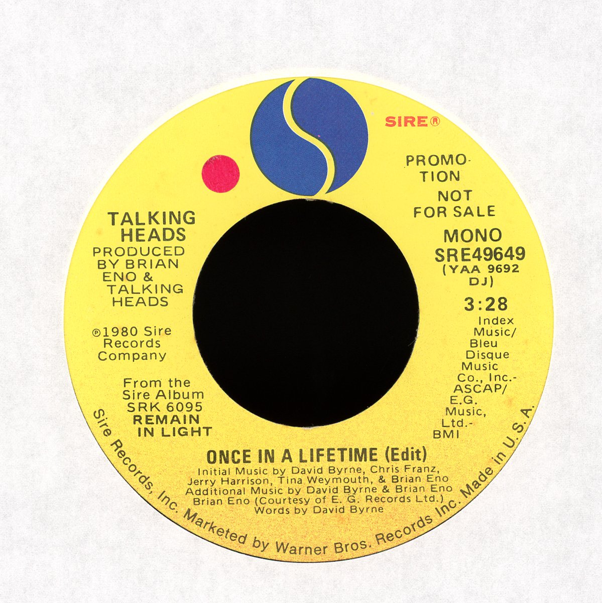 Talking Heads - Once In A Lifetime on Sire Promo Rock 45