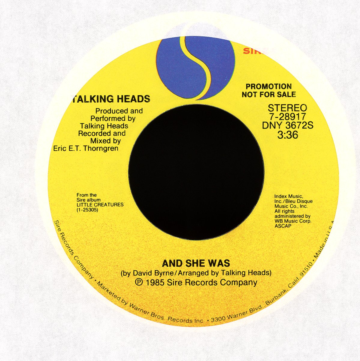 Talking Heads - And She Was on Sire Promo Rock 45