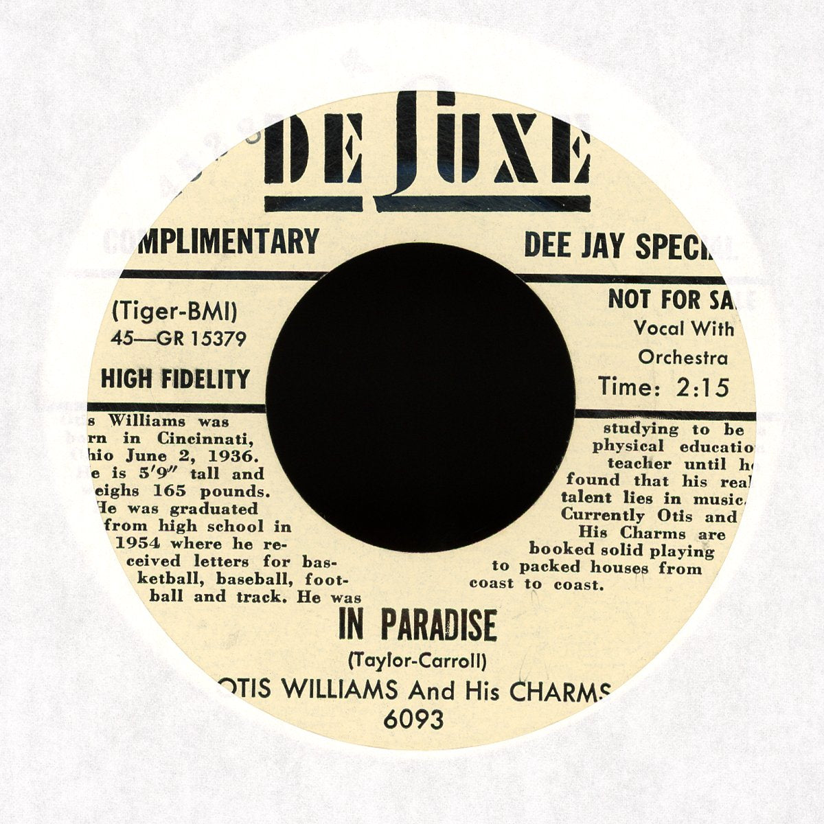 Otis Williams & The Charms - In Paradise / Ivory Tower on Deluxe Promo Doo Wop 45