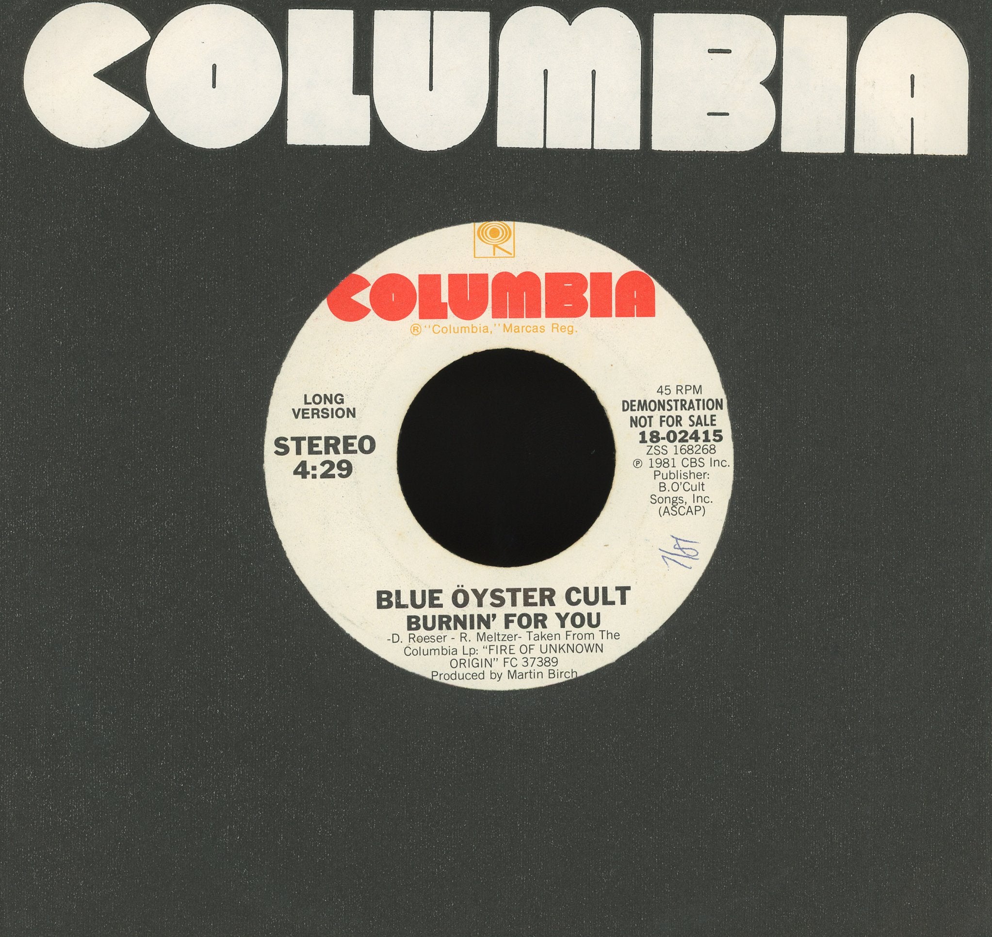 Blue Öyster Cult - Burnin' For You on Columbia Promo Rock 45