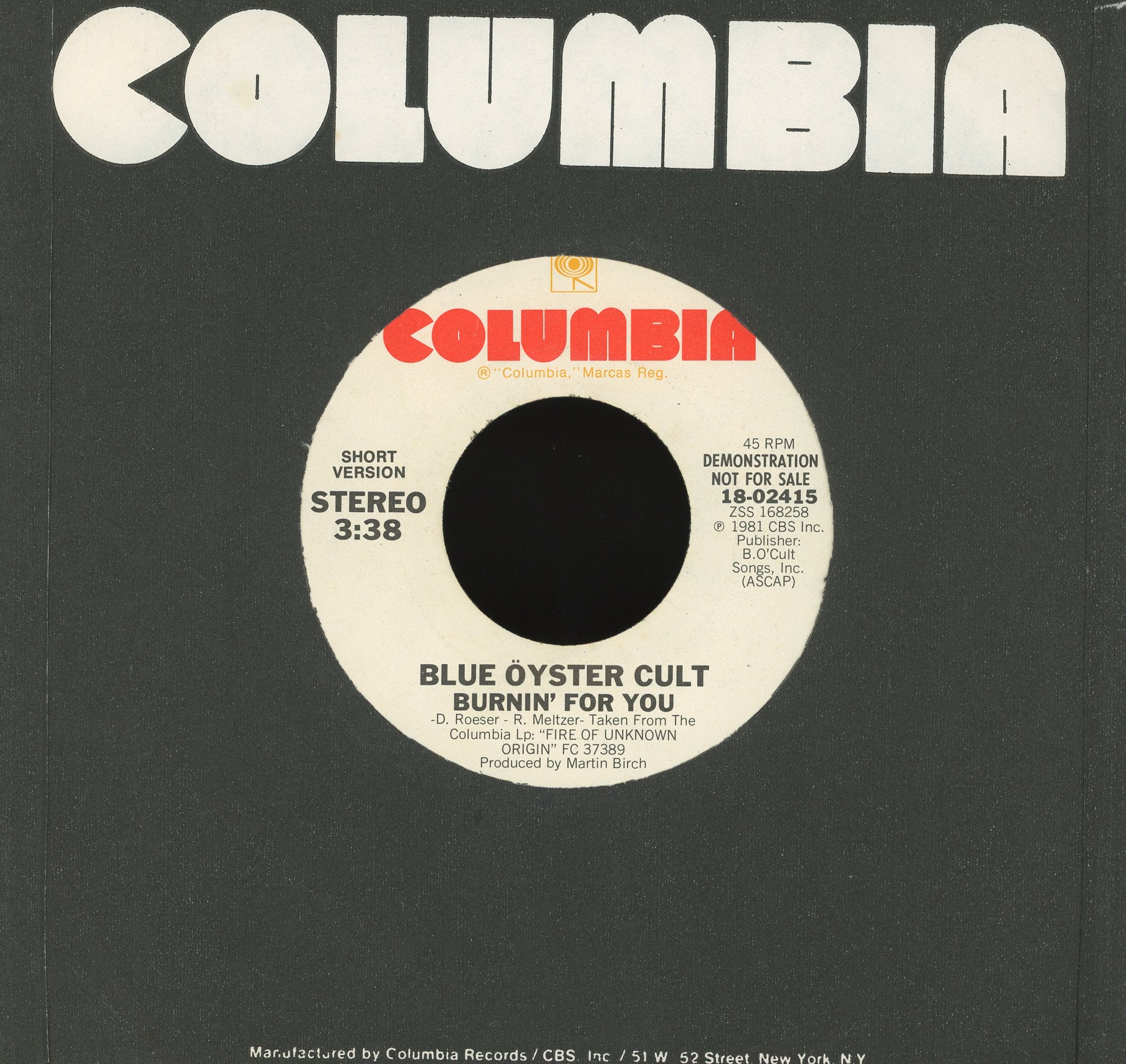 Blue Öyster Cult - Burnin' For You on Columbia Promo Rock 45