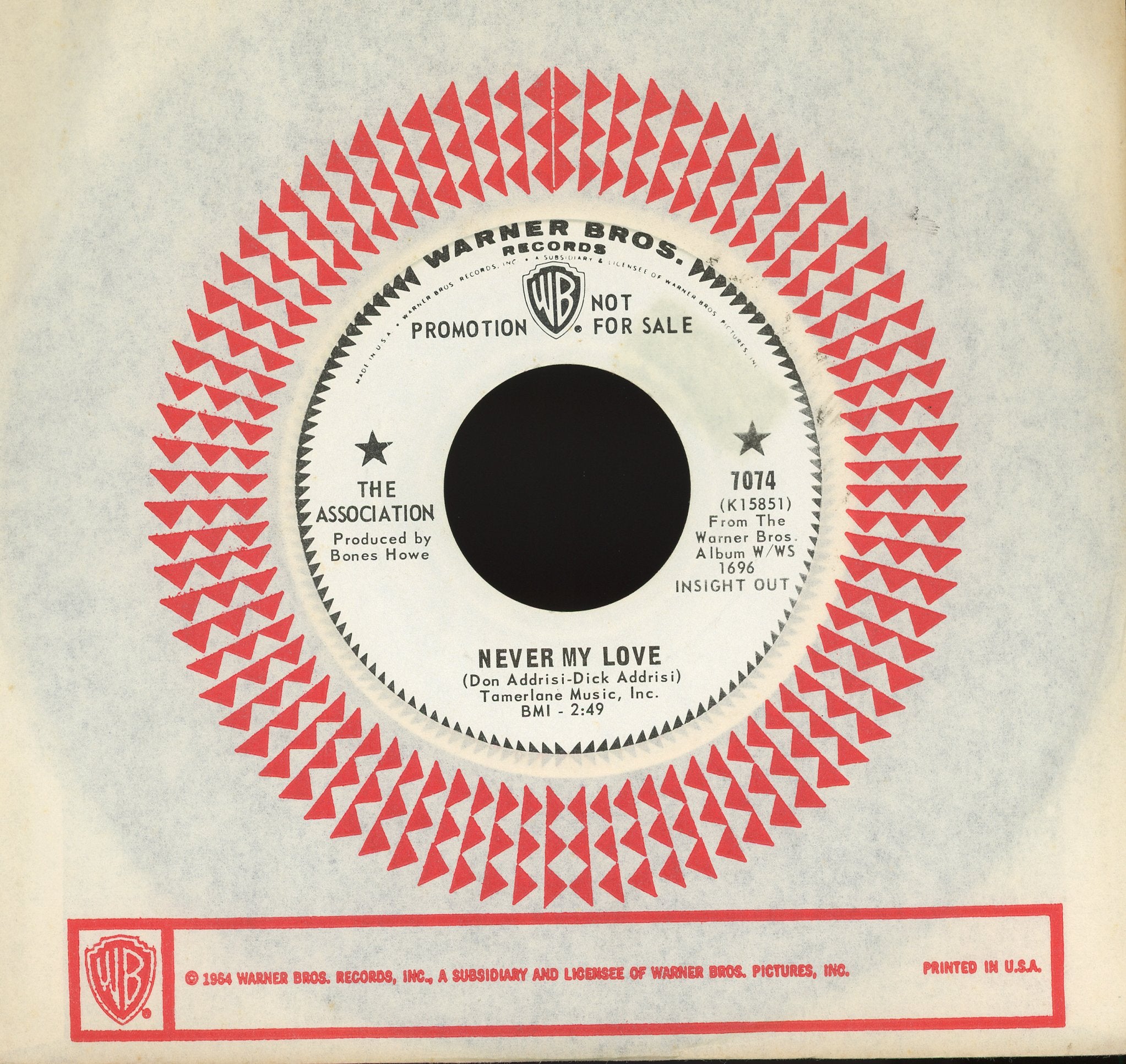 The Association - Never My Love on Warner Bros. Records Promo 45