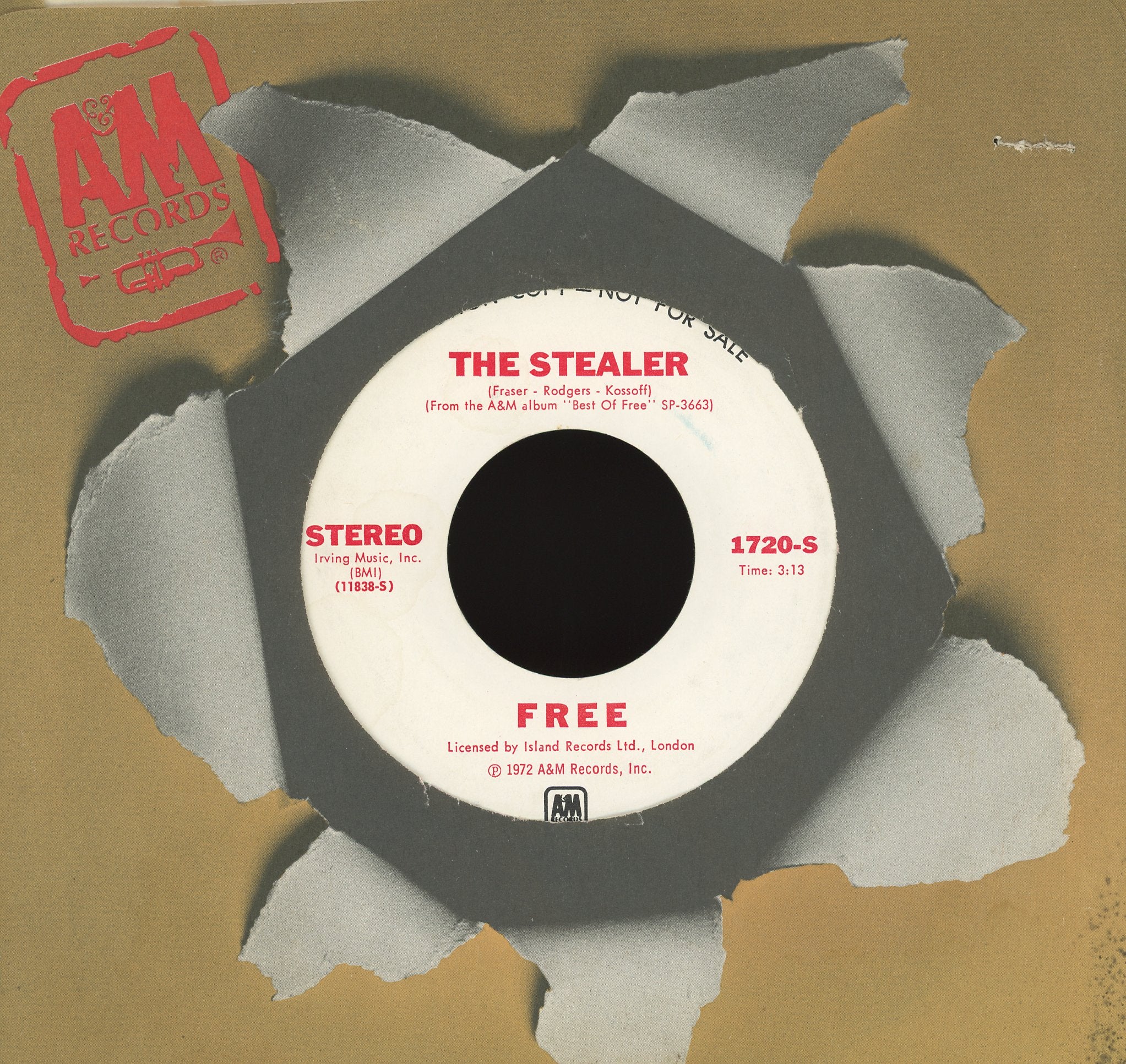 Free - All Right Now / The Stealer on A&M Records Promo Rock 45