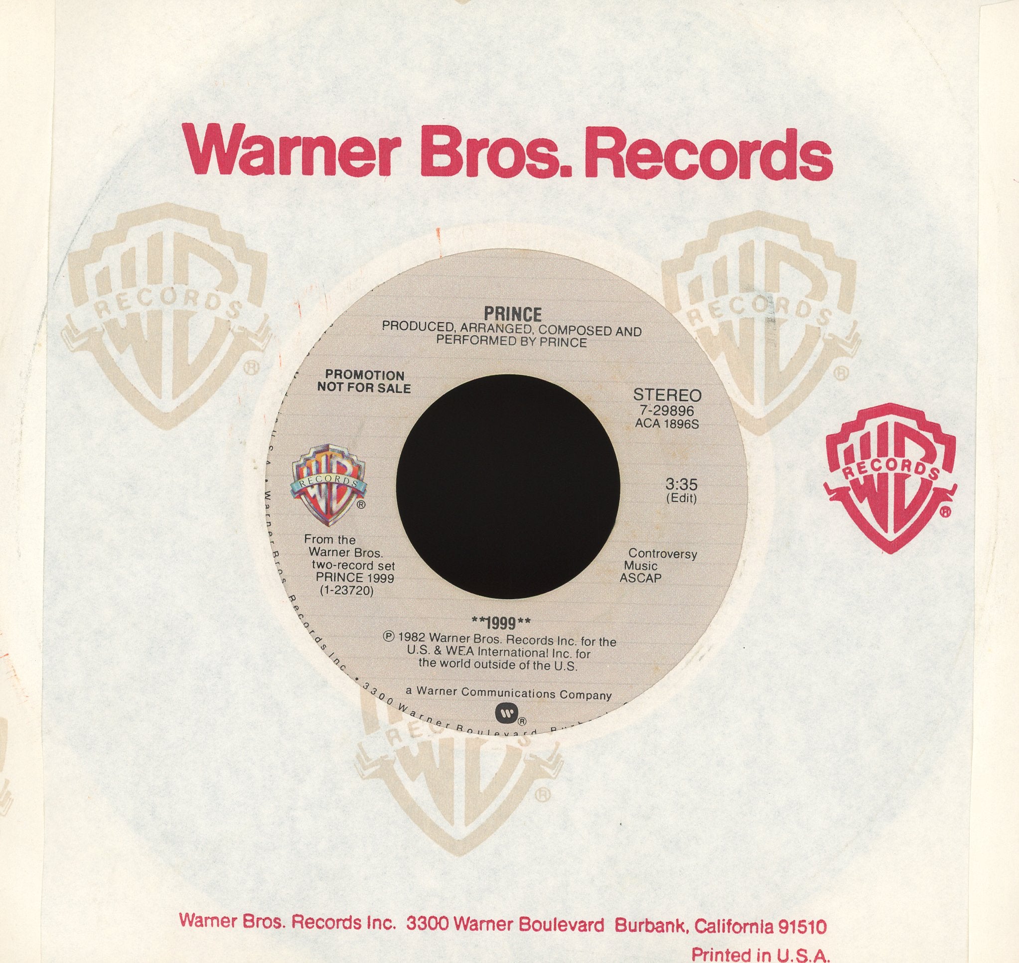 Prince - 1999 on Warner Bros. Records Promo Funk 45