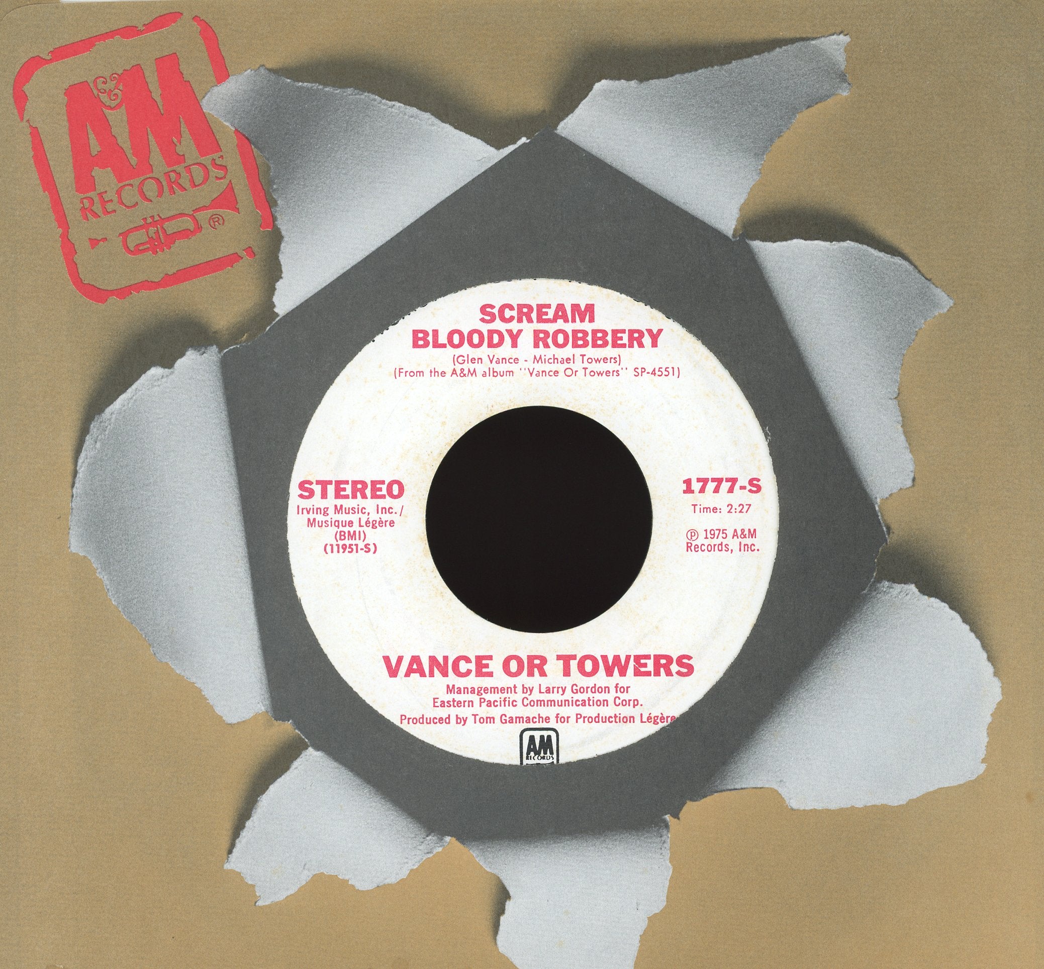 Vance Or Towers - Scream Bloody Robbery on A&M Records Promo Rock 45