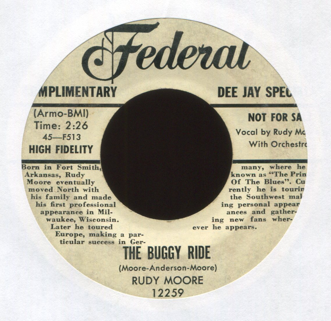 Rudy Ray Moore - The Buggy Ride on Federal Bio Promo R&B Rocker 45