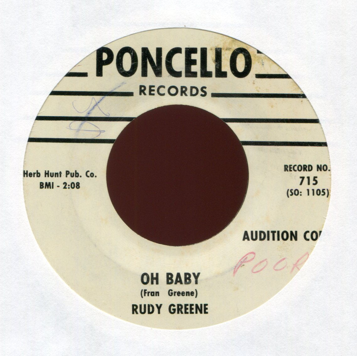 Rudy Green - Oh Baby on Poncello Promo R&B 45