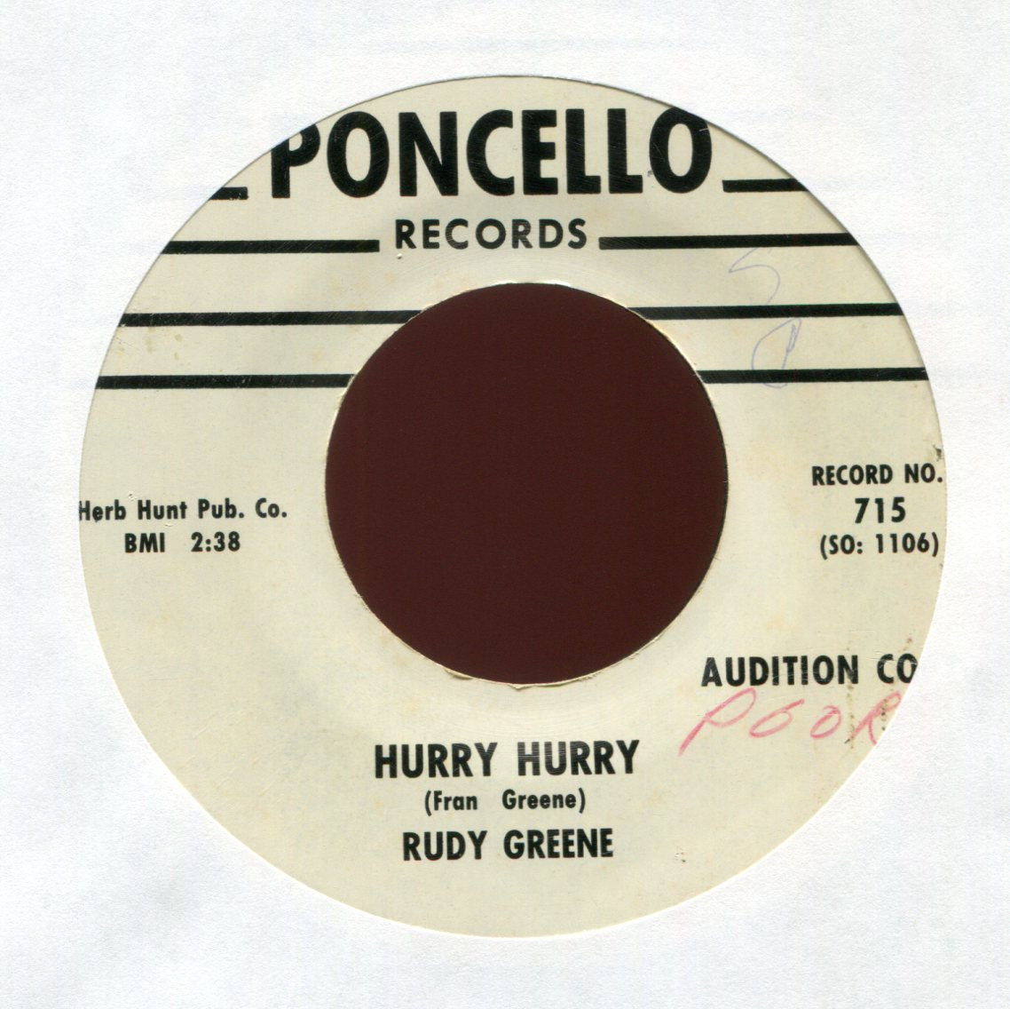 Rudy Green - Oh Baby on Poncello Promo R&B 45