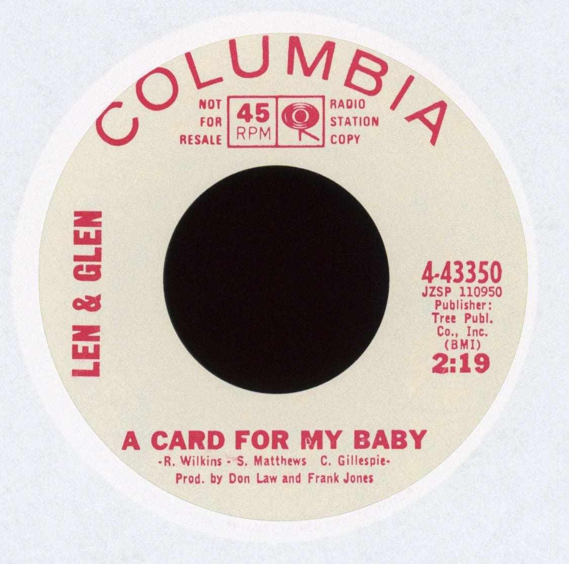 Len & Glen - A Card For My Baby on Columbia Promo With Picture Sleeve