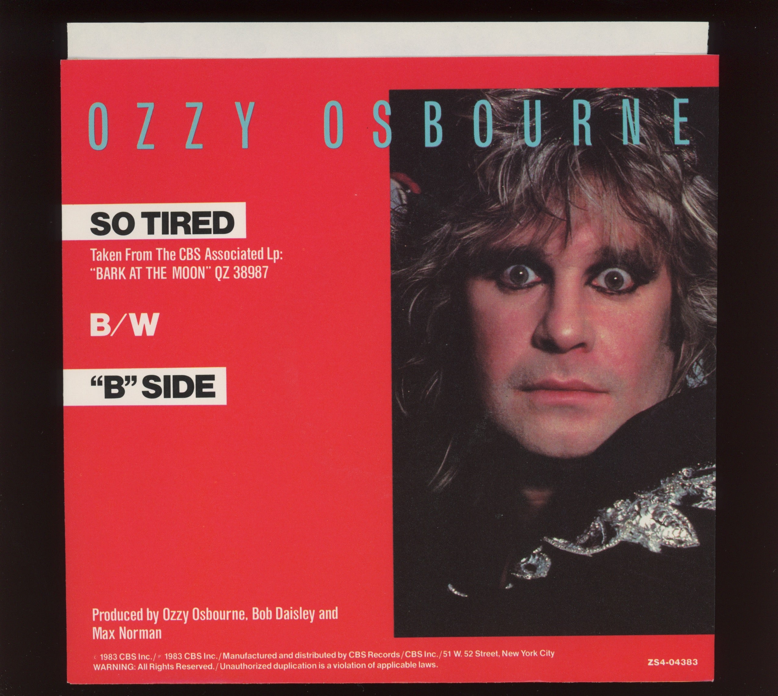 Ozzy Osbourne - So Tired on CBS Associated With Picture Sleeve