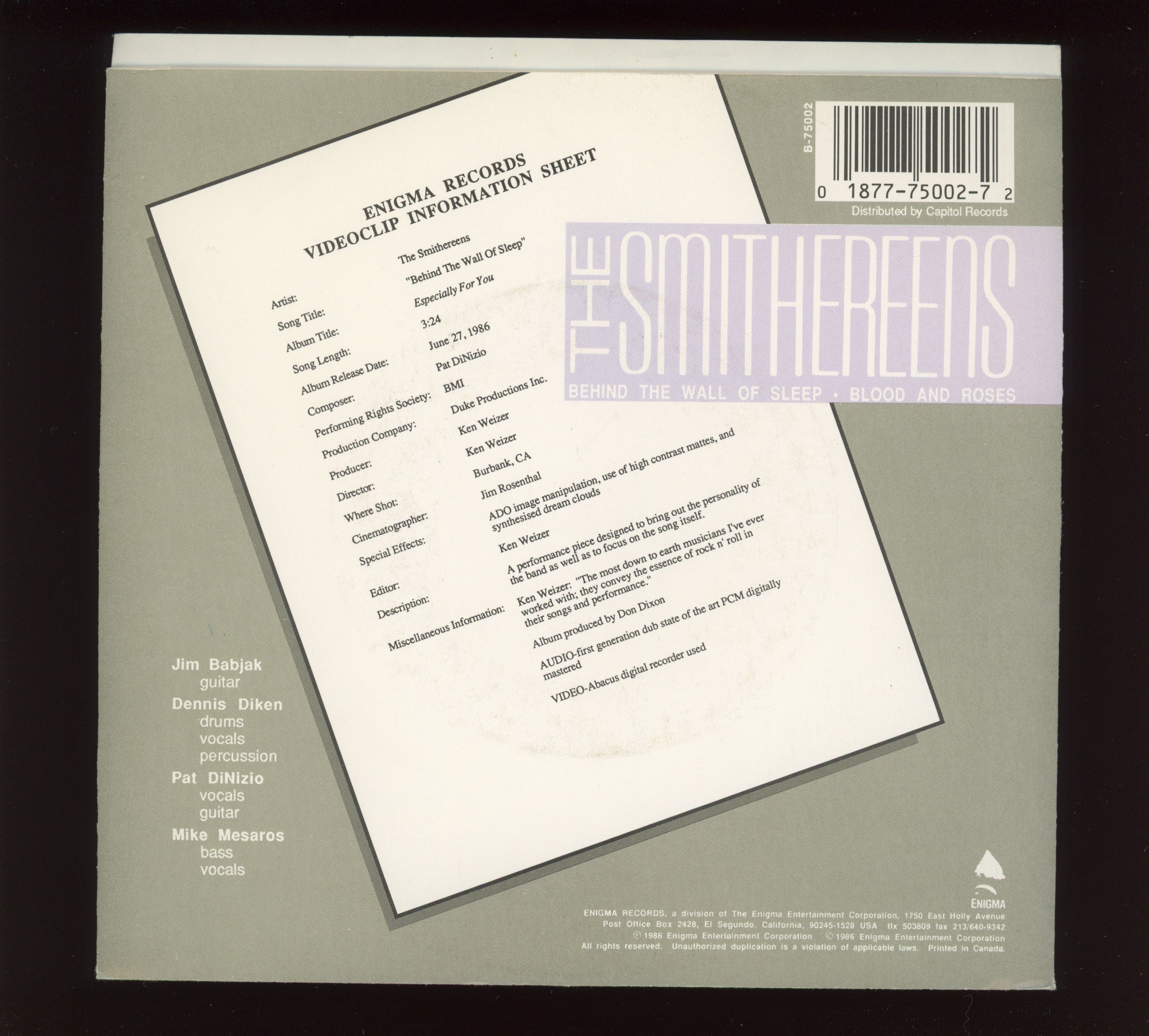 The Smithereens - Behind The Wall Of Sleep on Enigma With Picture Sleeve