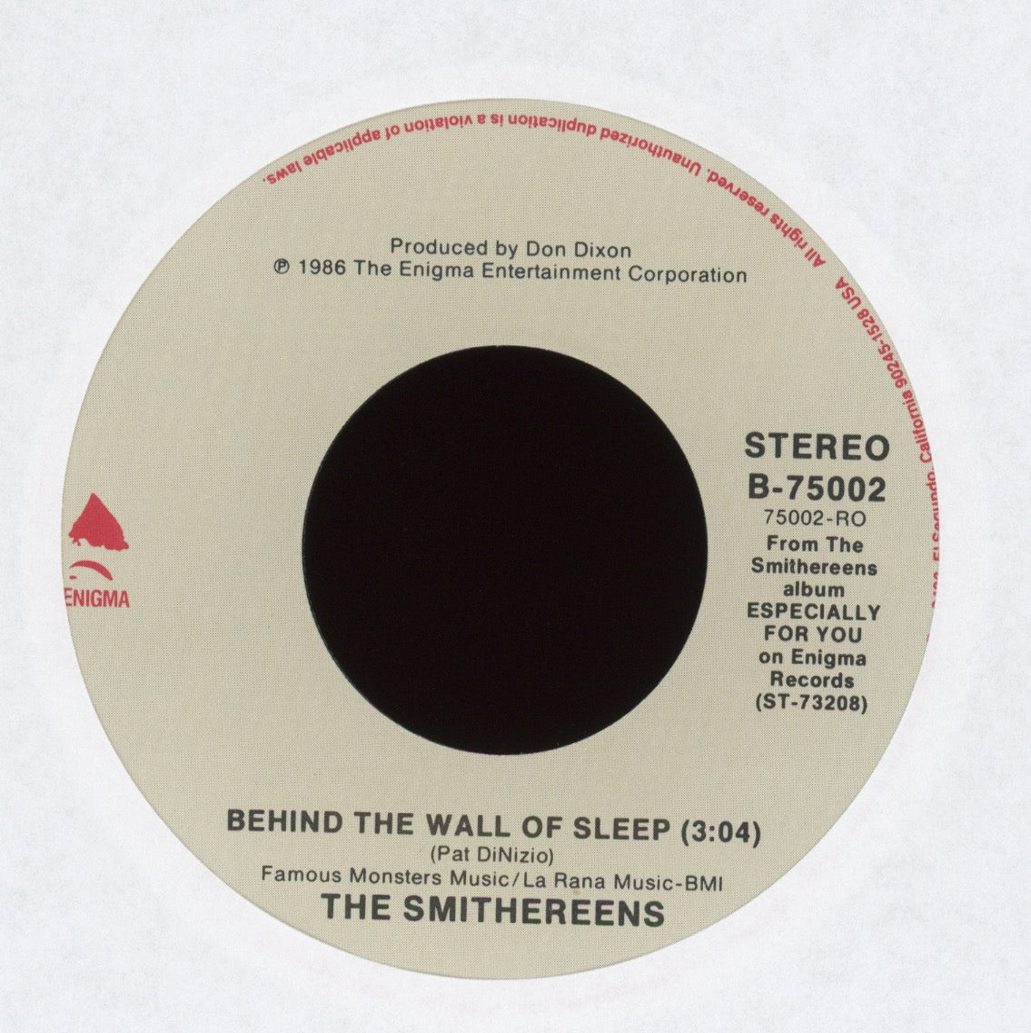 The Smithereens - Behind The Wall Of Sleep on Enigma With Picture Sleeve