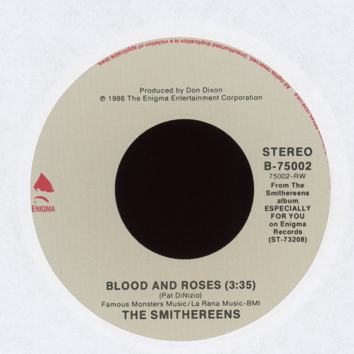 The Smithereens - Behind The Wall Of Sleep on Enigma With Picture Sleeve