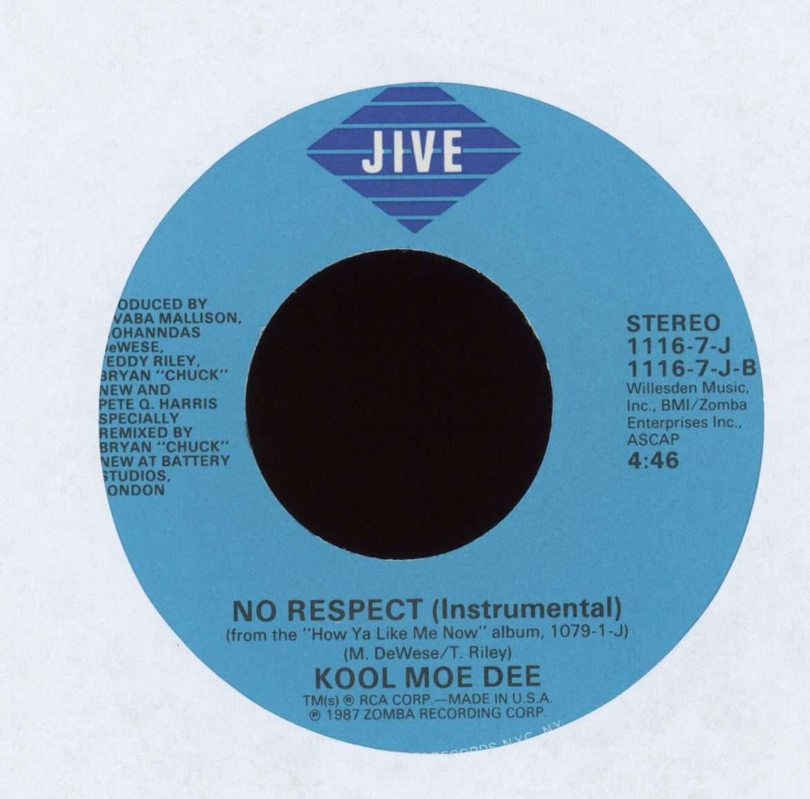 Kool Moe Dee - No Respect on Jive With Picture Sleeve