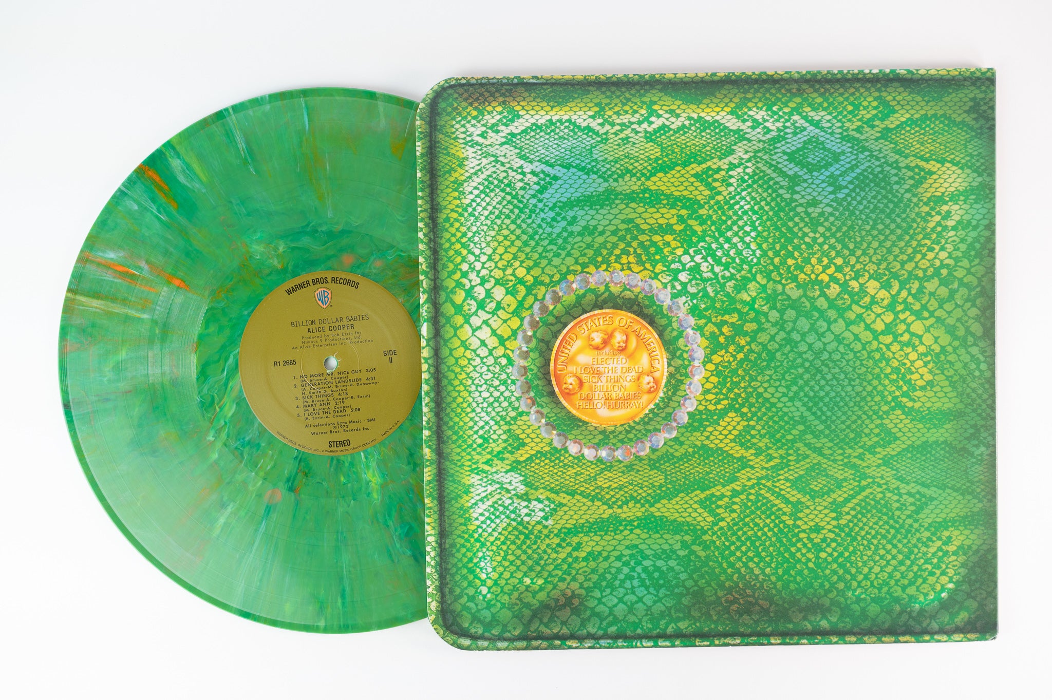 Alice Cooper - Billion Dollar Babies Warner Bros Limited Edition Green/Yellow/Orange Marble Swirl